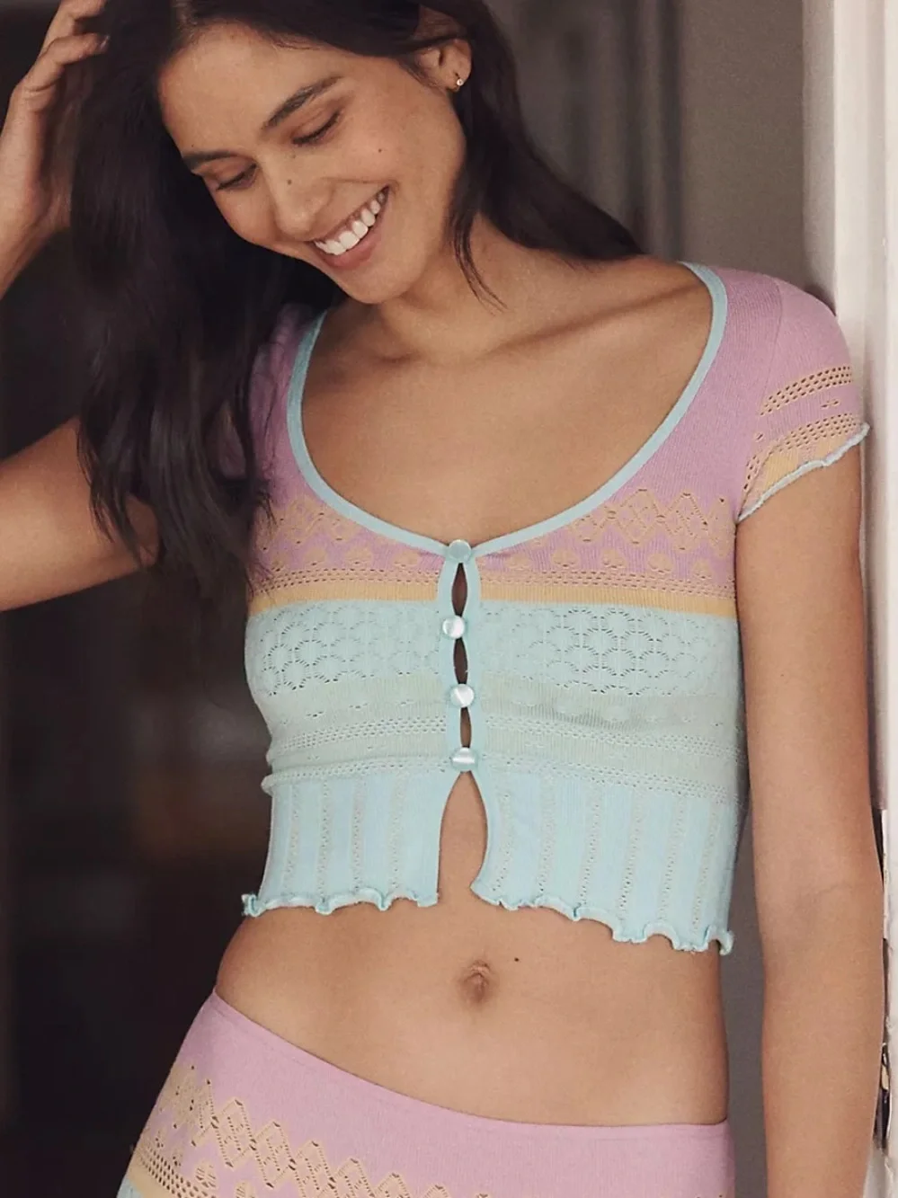 Anthropologie LyreBird Textured Seamless Crop Top in Blue and Pink S/M